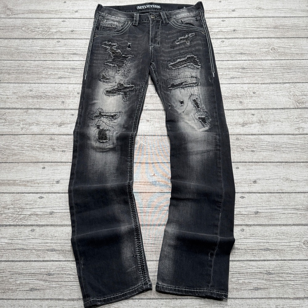 Affliction Ace Jeans Men's 31 Black Charcoal Wash Distressed Grunge Streetwear